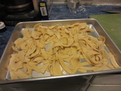 2/3 of the noodles, laid onto a pan for freezing.